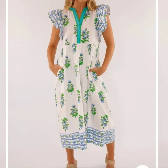 entro White Midi Dress with Blue Floral Print and Green Trim - Picture 1 of 16